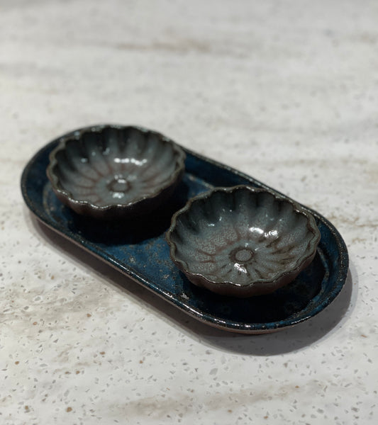 SMALL Oval Tray & Bowls / Set of 3 / BLUE & MOSSY
