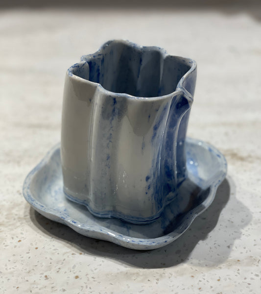 SMALL Marbled Quatrefoil Planter & Saucer / Blue & White